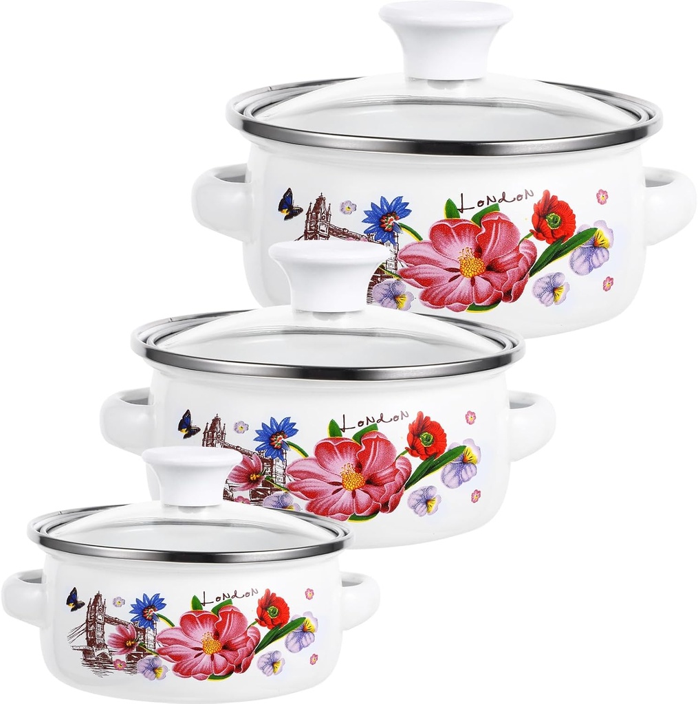 Vintage Flower Enamel Stockpot Set with Lid - 3 Piece Nonstick Soup Pot for Induction Cookers and Gas Stove