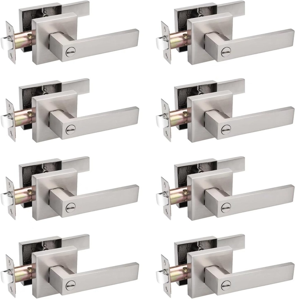 Probrico 8 Pack Square Privacy Door Levers in Satin Nickel - Keyless Handle for Storage Room & Bathroom - Adjustable Latch Backset - DL01