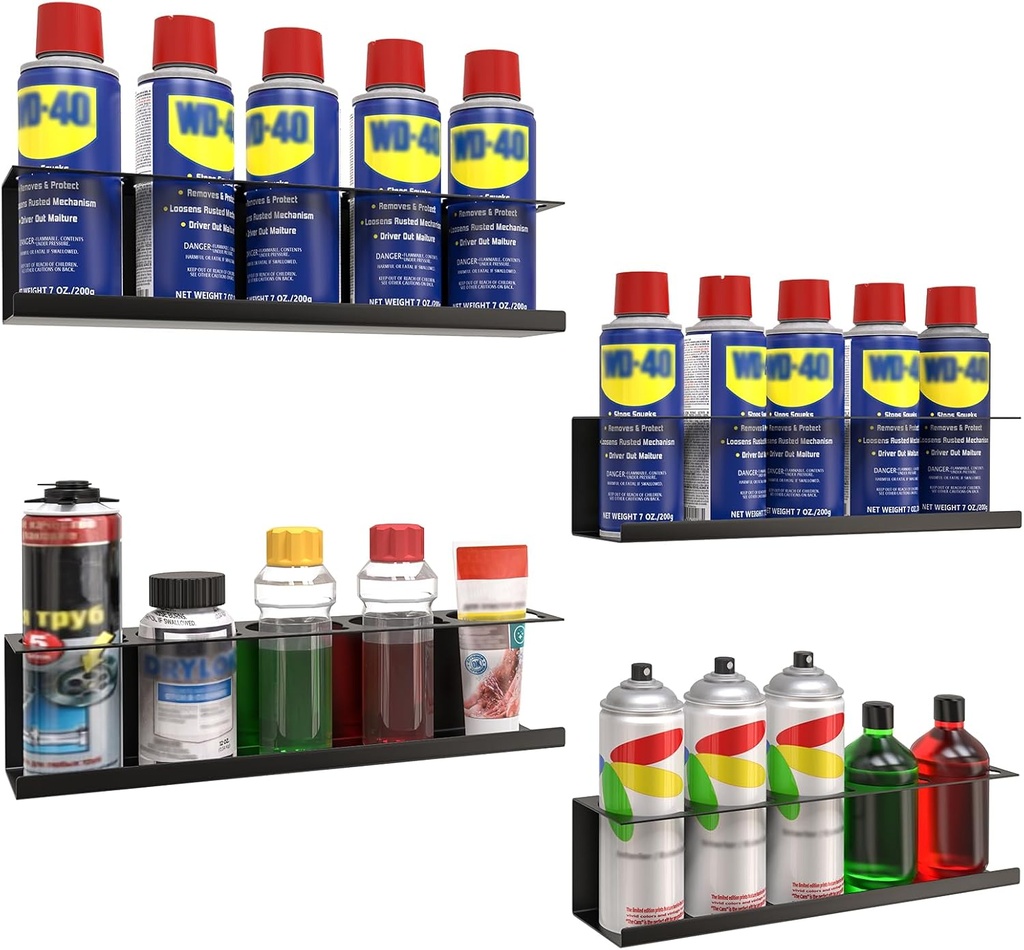 Heavy-Duty Steel Wall-Mounted Spray Bottle Holder with 20 Holes - 4 Pack Aerosol Spray Can Storage Rack for Garage, Shop, Home, or Tool Trailer