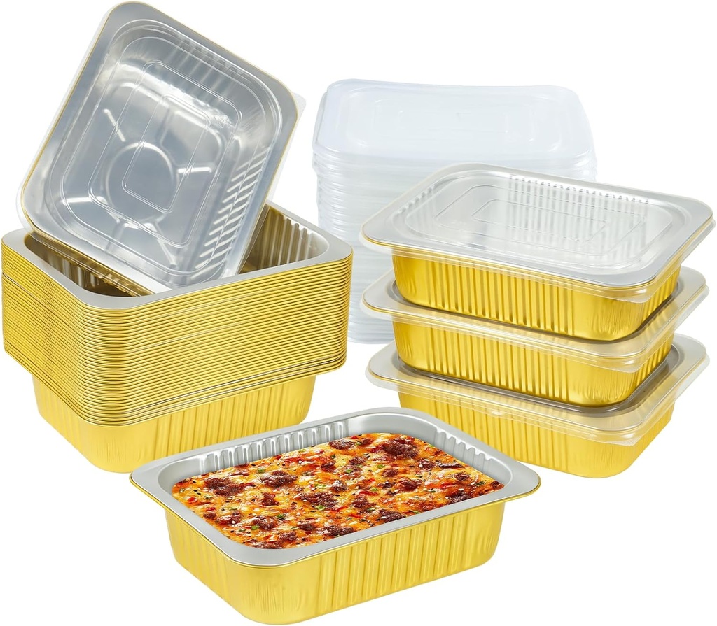 40-Pack Heavy Duty Aluminum Foil Pans with Lids - 3 LB Capacity Disposable Food Containers for Baking, Meal Prep, Freezer - 8.7" x 6.6" x 2.4
