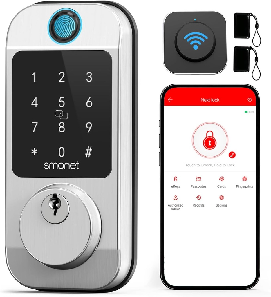 Keyless Entry Smart WiFi Door Lock Deadbolt with Fingerprint Keypad, Alexa Integration, and Remote Control - Satin Nickel