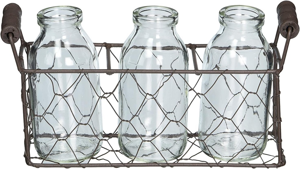 Rectangle Metal Basket with Three Glass Bottles - Decorative Chicken Wire Holder for Home Decor