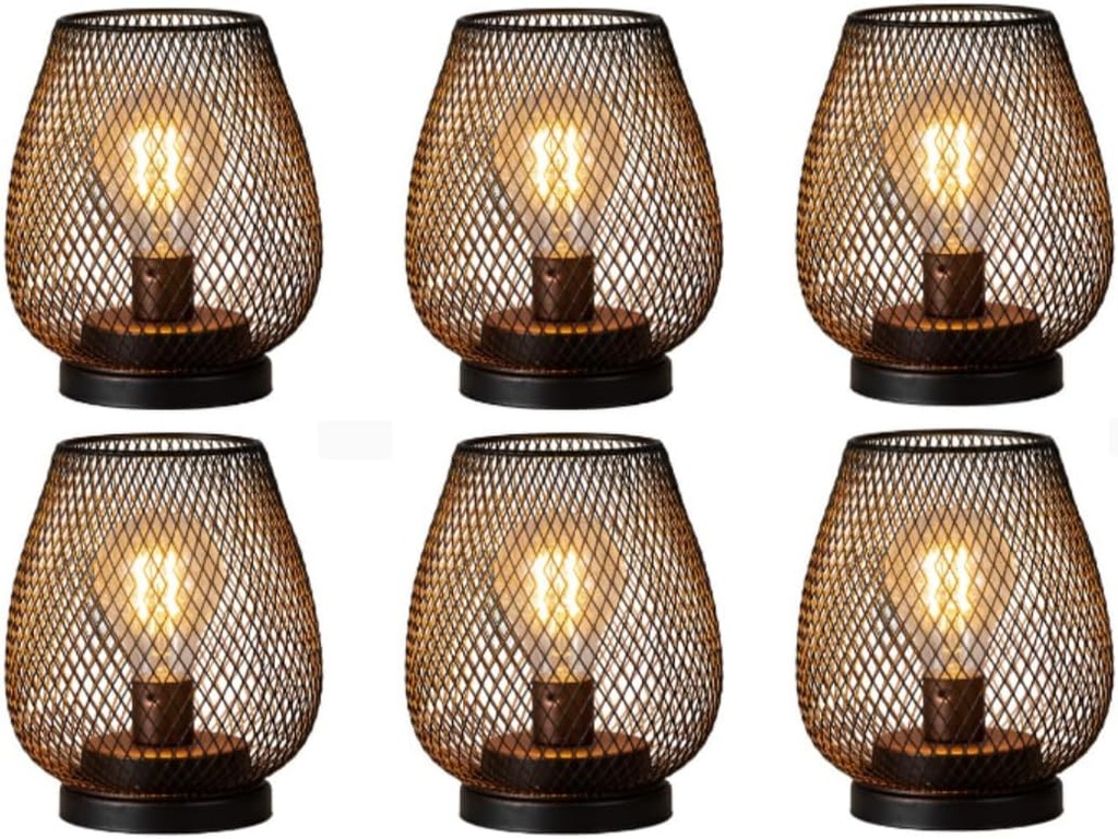 Vintage Brown Metal Cage LED Table Lantern Set of 6 - Battery Operated Cordless Lamps for Indoor Shelf Decor, Weddings, Parties, Patio Events