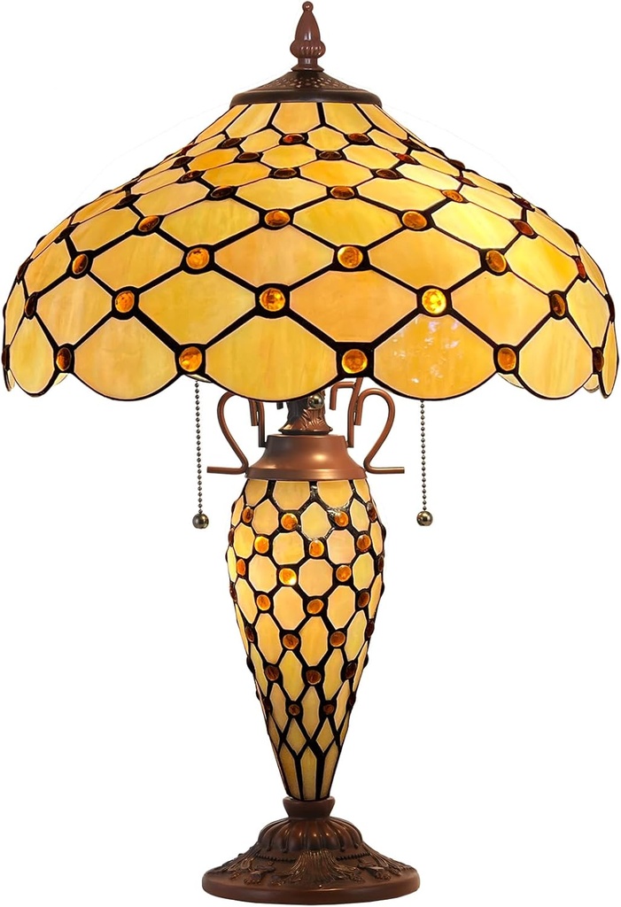 Capulina Tiffany Table Lamp with Nightlight - 3-Light Stained Glass Mother-Daughter Vase Desk Light - Amber Beads Style - 16X16X25 Inches - Ideal for Home Office, Living Room, Bedroom