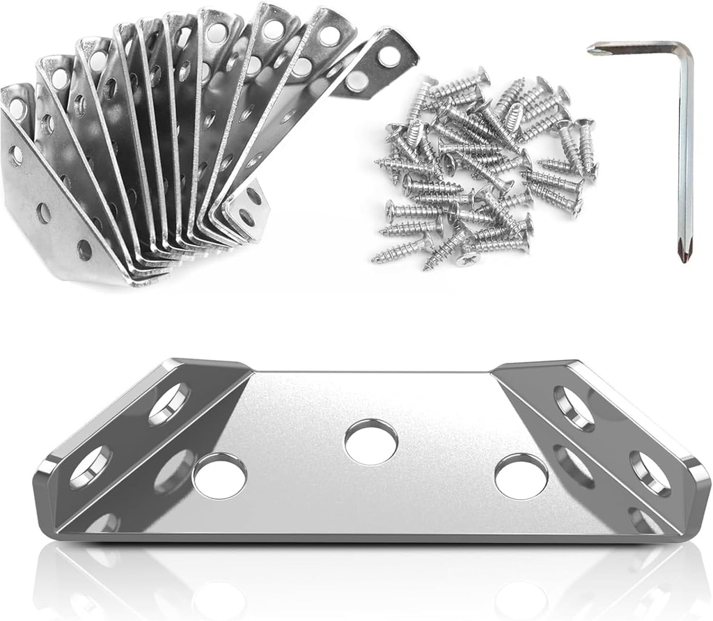 10-Pack Stainless Steel Corner Braces with Screws and Screwdriver - Universal Trapezoidal Brackets for Furniture