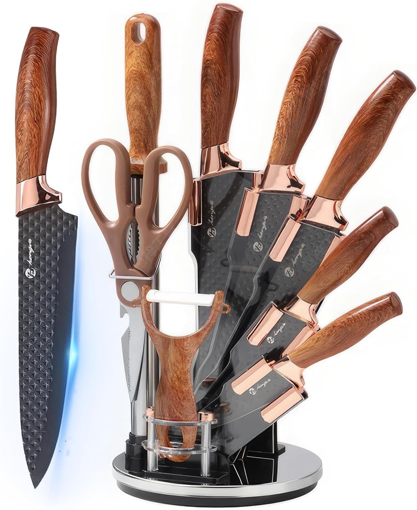 9-Piece SmartKnight Kitchen Knife Set with Acrylic Block and Sharpener - Stainless Steel Chef Knives with Non-Stick Coating for New Homes
