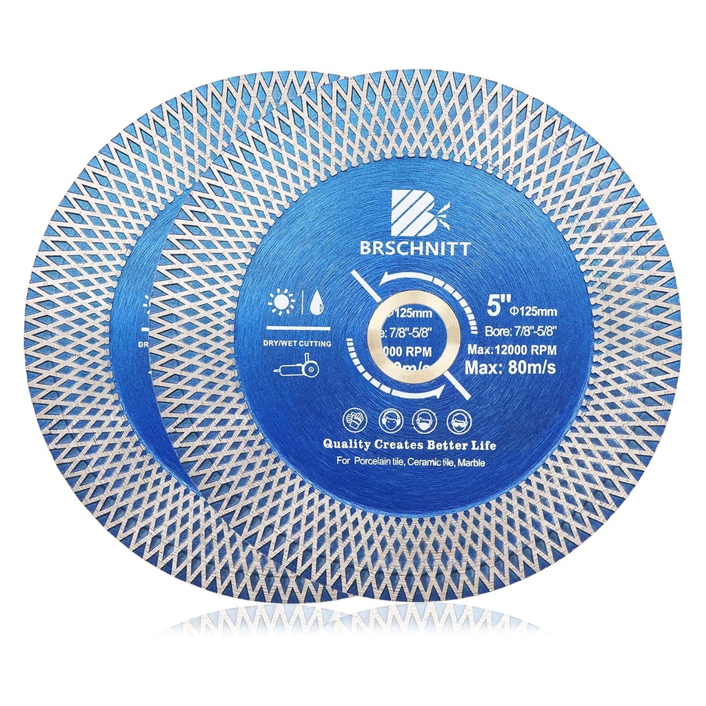 2-Pack 5" BRSCHNITT Diamond Porcelain Tile Saw Blades - Super Thin Disc for Cutting & Grinding Ceramic Tiles, Granite, Marble - Angle Grinder Circle Saw Blade with X Teeth & Arbor 7/8"-5/8