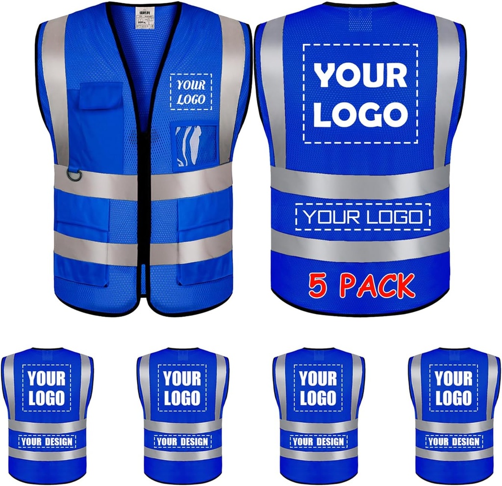 5 Pack Custom Logo Mesh Safety Vest Class 2 High Visibility Reflective Vest with Pockets for Construction Work - Blue