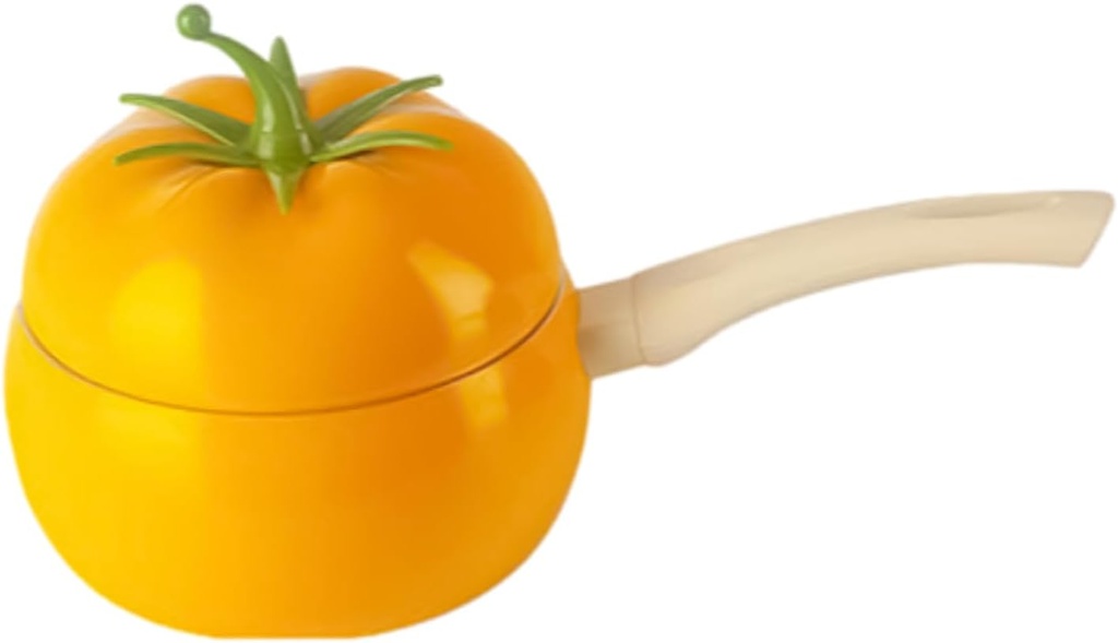 DISPRA Korean Instant Noodle Pot 1.3kg Yellow Non-Stick with Lid Tomato-Shaped Steamer - Small Cooking Pot for Ramen, Curry, Soup