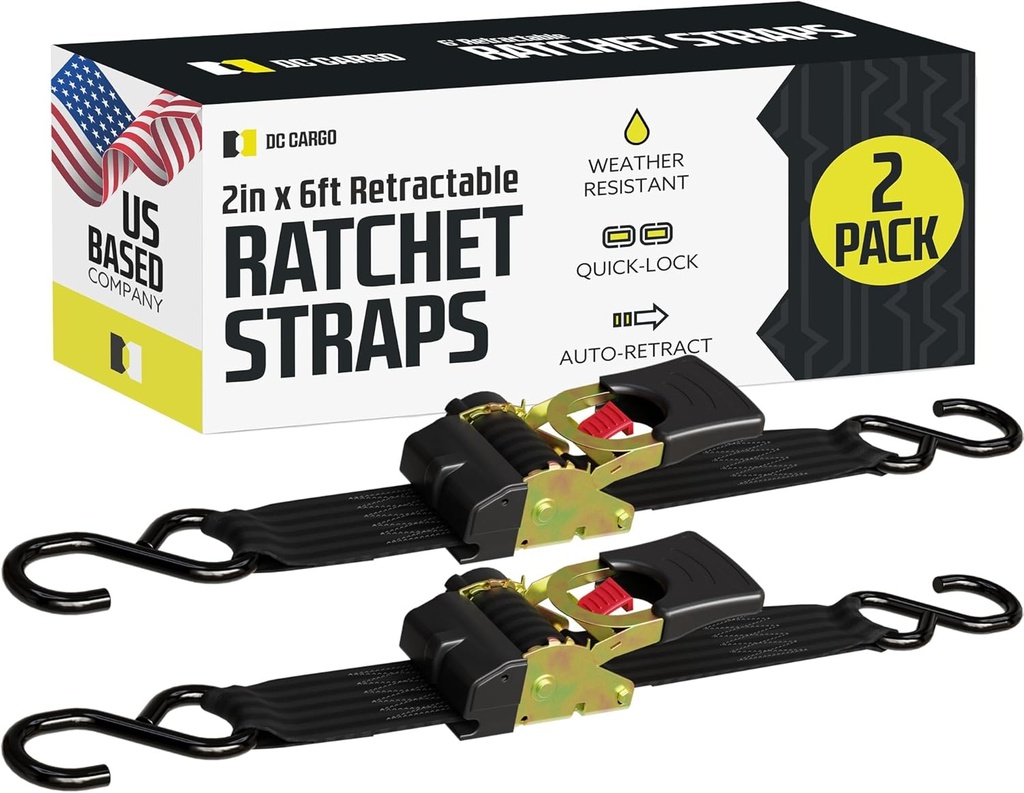 DC Cargo Mall Retractable Ratchet Straps - 2 Pack, 2"x6', Heavy Duty Tie Downs for Trailers, Vehicles, Boats - Easy Self Contained Black Ratchet Straps