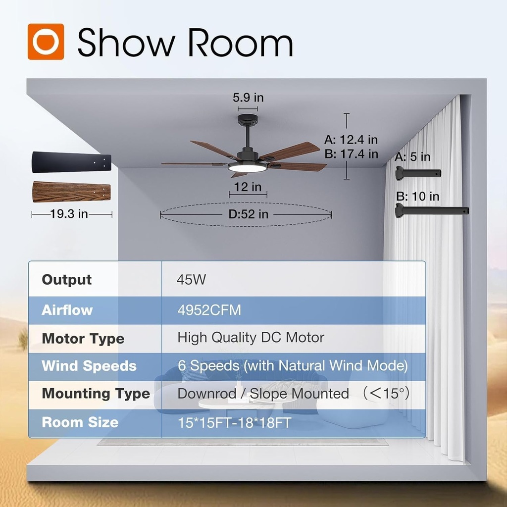 52-inch Indoor/Outdoor Ceiling Fan with Lights and Remote Control - Reversible, Noiseless DC Motor for Bedroom, Farmhouse, Shop - by addlon