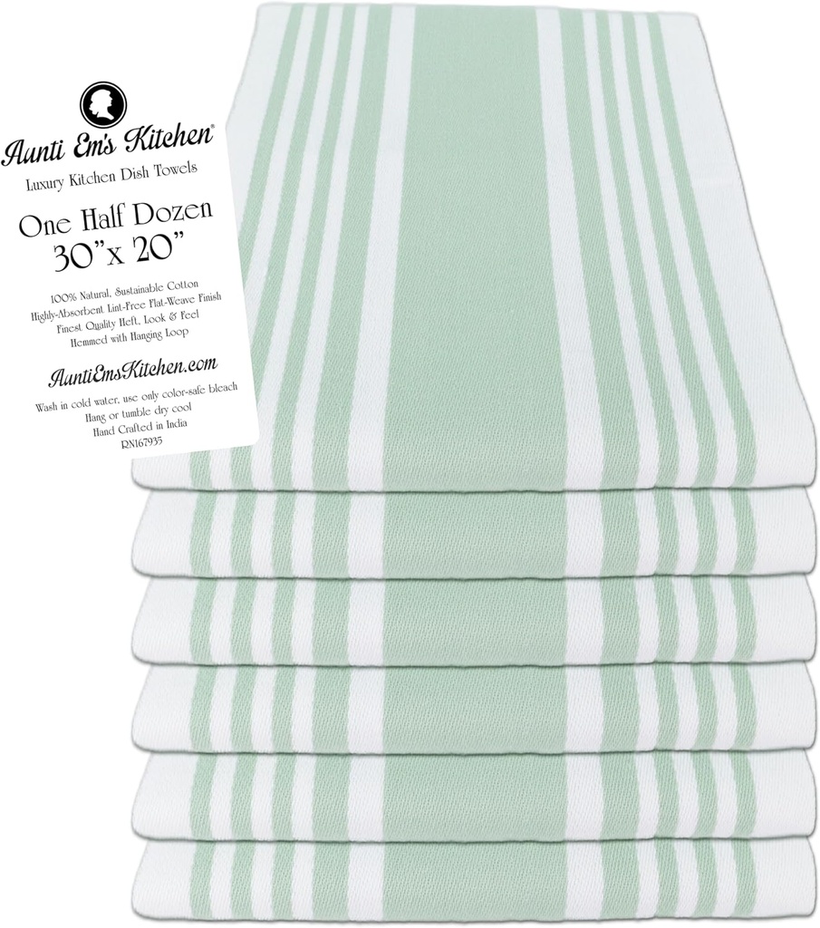 Aunti Em's Kitchen Designer Hand and Dish Towels - 100% Cotton, Oversized 20 x 30 inches, Sage Stripe - Pack of 6