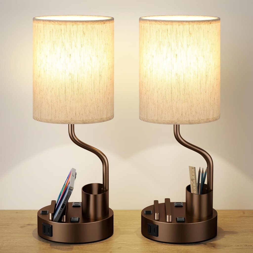 Set of 2 Brown Bedside Table Lamps with Charging Port, Phone Holder, and Pen Holder - Nightstand Lamps for Bedroom with USB and AC Outlet