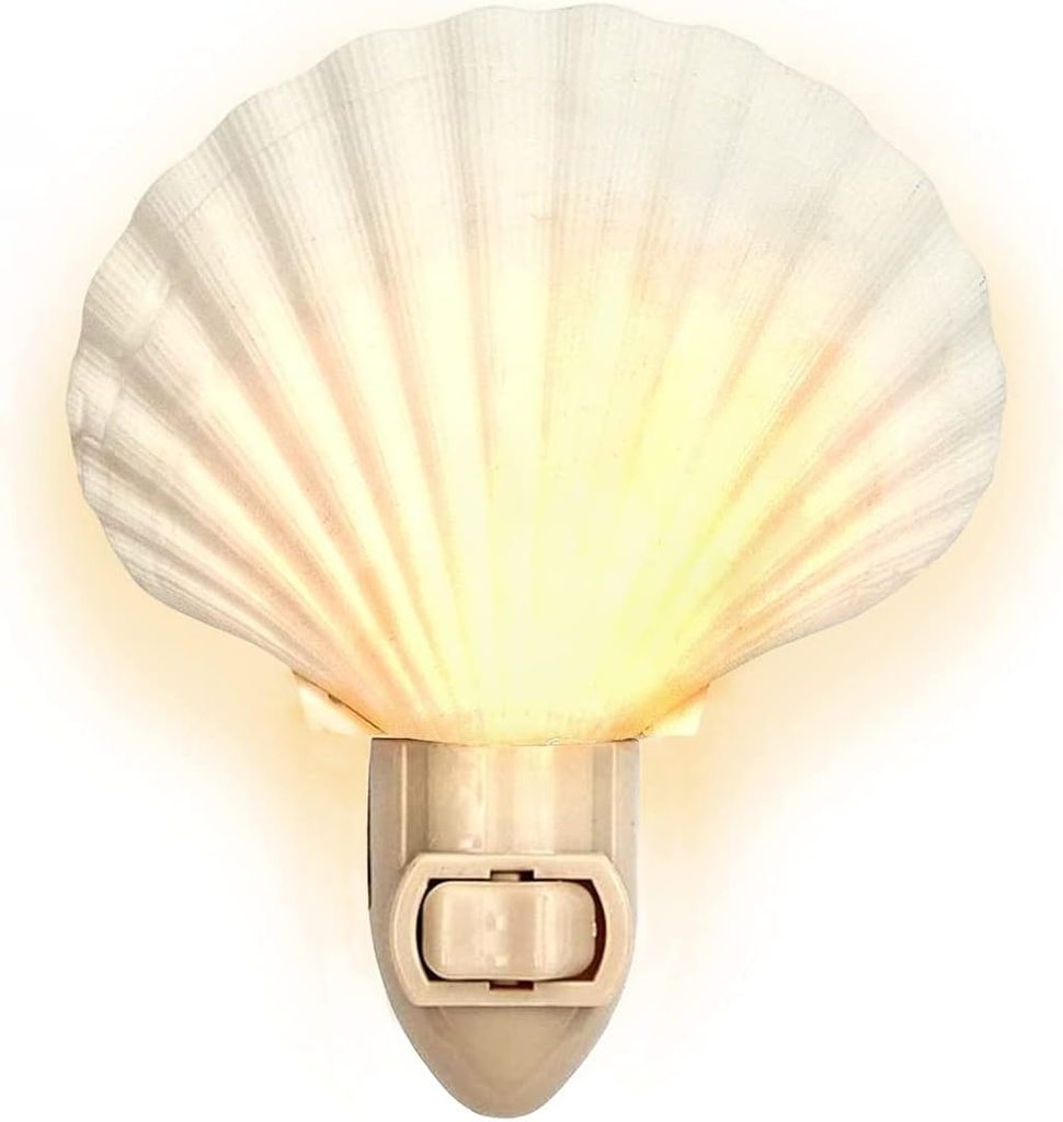 White Clam Sea Shell Night Light Plug-in for Bathroom and Beach Decor - Nautical Theme Nightlight