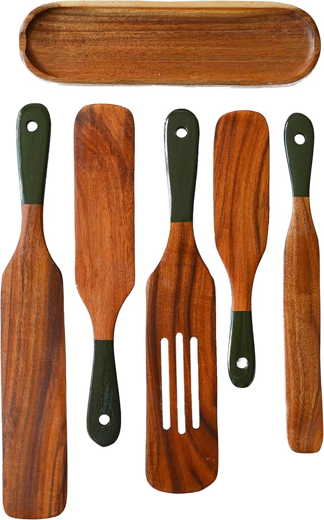 6-Piece Wooden Spurtle Set with Spoon Rest - Olive Green Spatula and Kitchen Utensils