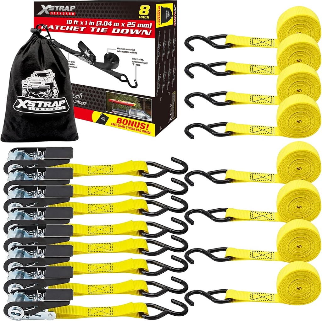 8 Pack of XSTRAP Standard Ratchet Tie Down Straps - 1'' x 10 ft - 900 LB Break Strength - Yellow - Ideal for Moving Appliances, Lawn Equipment, Motorcycle