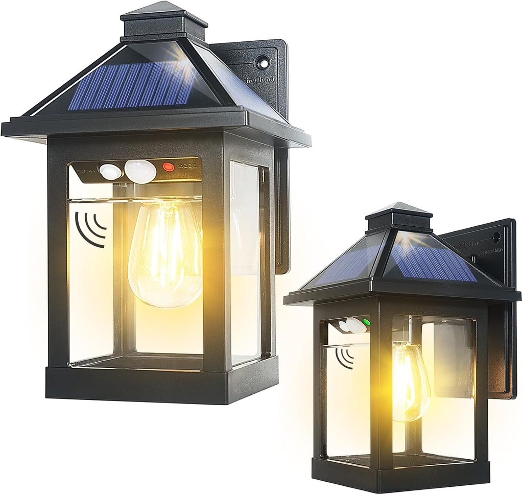 2 Pack Solar Powered Wall Lantern Lights with 3 Lighting Modes, Dusk to Dawn Motion Sensor Outdoor Sconce for Patio Garage - Waterproof Fixtures for Front Porch