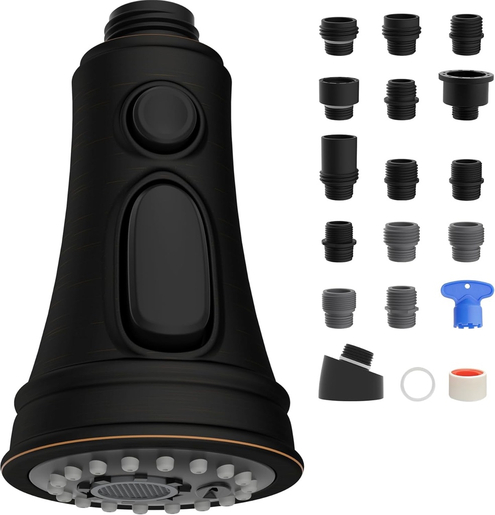 Oil-Rubbed Bronze Kitchen Faucet Spray Head Replacement with 3 Functions, Compatible with Moen, American Standard, Delta, Kohler - 15 Adapters Included