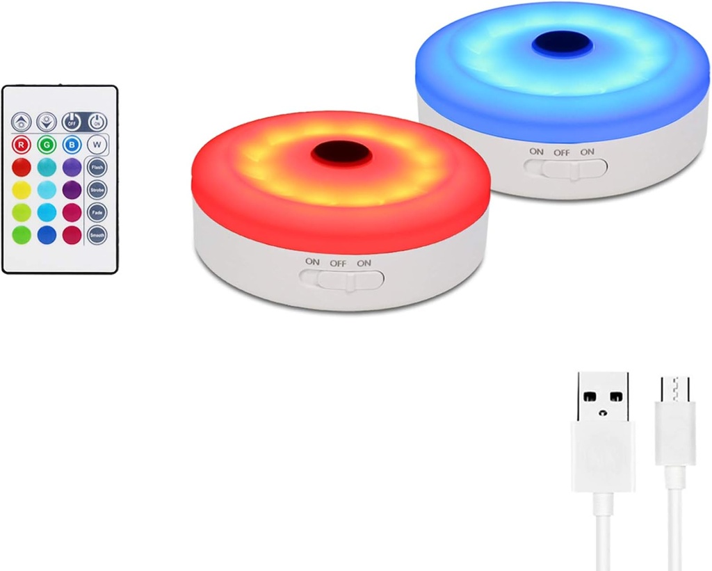 RGB Wireless Rechargeable Puck Lights with Remote Control - Set of 2 for Kitchen, Closet, Display Case - Under Cabinet LED Lighting by BASON