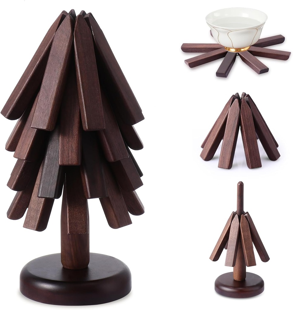 Walnut Wood Trivet Set - 4 Tree Shape Insulation Mats for Hot Dishes, Pots, and Pans, Heat Resistant Collapsible Coasters for Kitchen Counter