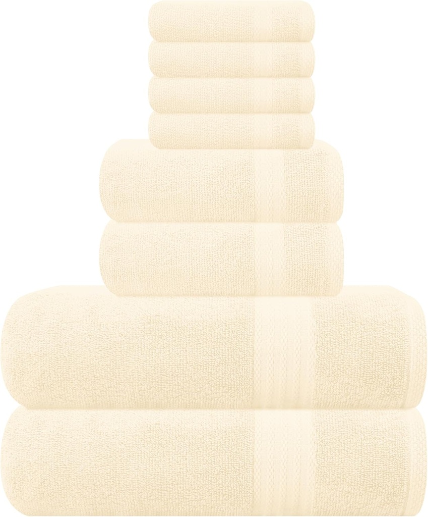 Luxuriously Soft 8-Piece Towel Set - 100% Ringspun Cotton - 2 Oversized Bath Towels, 2 Hand Towels, 4 Wash Cloths - Ideal for Everyday Use, Hotel & Spa - Ivory Cream
