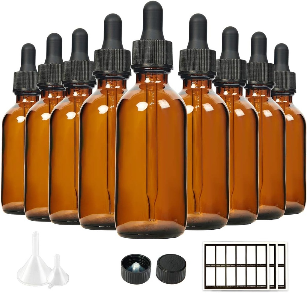 24 Pack of 2 oz Amber Glass Eye Dropper Bottles for Essential Oils, Chemistry Lab Chemicals, Colognes & Perfumes