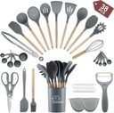 38-Piece Silicone Cooking Utensils Set with Heat Resistant Spatulas, Wooden Handles, and Holder - Non-Stick Kitchen Gadgets in Grey Color