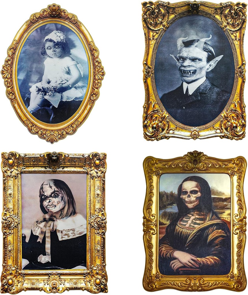 Set the scene for a spooky Halloween with these 3D Changing Face Pictures! Perfect for horror parties and haunted houses, this set includes 4 moving portrait frames for indoor decoration.