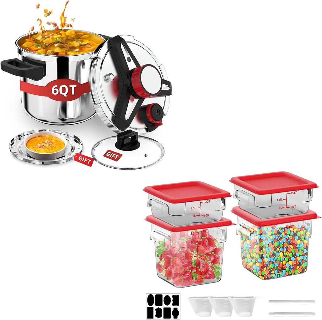 SVKLHY 304 Stainless Steel Pressure Cooker 6 QT with 3-In-1 Function and 2QT & 4QT NSF Food Storage Containers