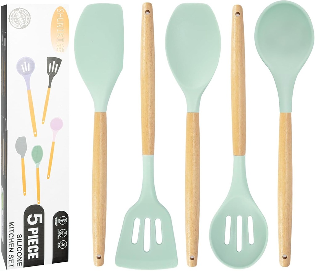 5-Piece Non-Stick Silicone Kitchen Cooking Utensils Set with Wooden Handle - Heat Resistant Spatula Cookware Gadgets