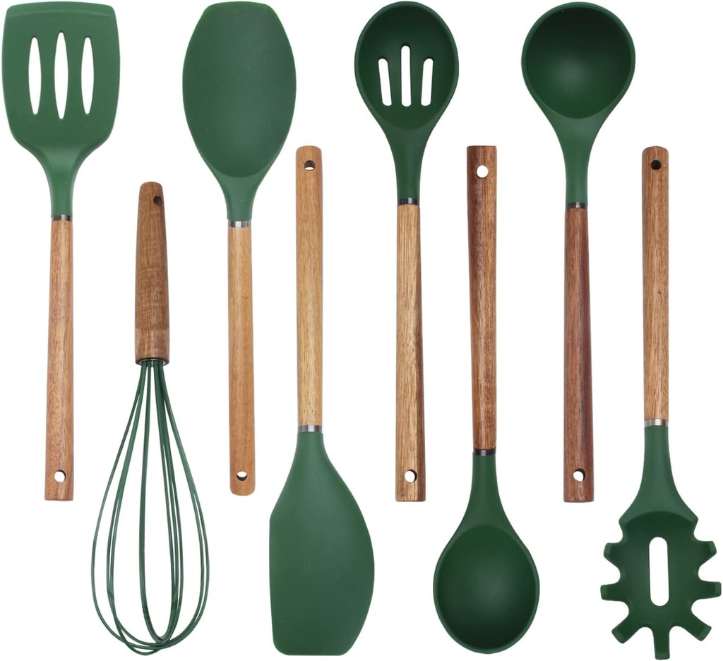 8 Piece Green Silicone Utensil Set with Rounded Wood Handles for Cooking and Baking