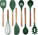 8 Piece Green Silicone Utensil Set with Rounded Wood Handles for Cooking and Baking