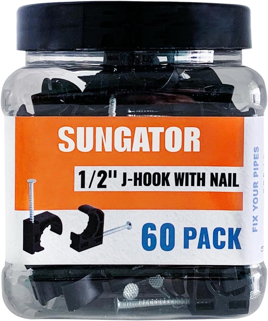 60 Pack of SUNGATOR 1/2 Inch Pex J-Hook with Nails - Black Half Clamps for Pipe Support