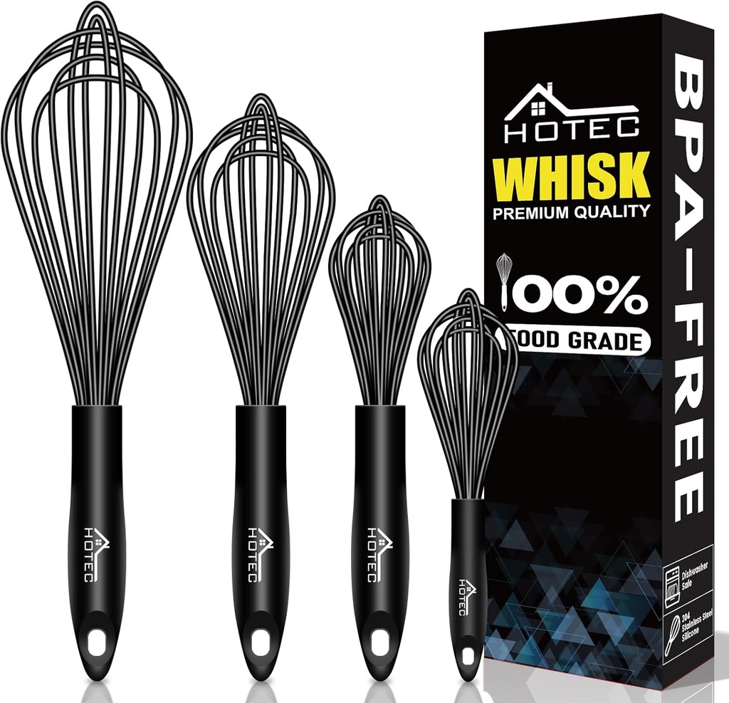 4-Piece Silicone Whisk Set - Non-Slip Handle, Wire Balloon Egg Beater for Cooking, Stirring, Beating - Perfect for Non-Stick Cookware (Black)