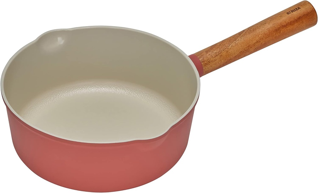8" Nonstick Ceramic Coated Sauce Pan with Wooden Handle - Dr. HOWS OMIZA 2 Quart Medium Saucepan for Gas, Electric, Induction Stove - PFOA and PFOS-free (Coral)
