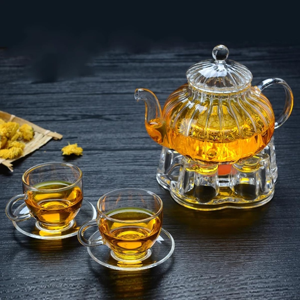 600ml Heat Resistant Glass Pu Erh Teapot Set with Infuser - Striped Pumpkin Shape