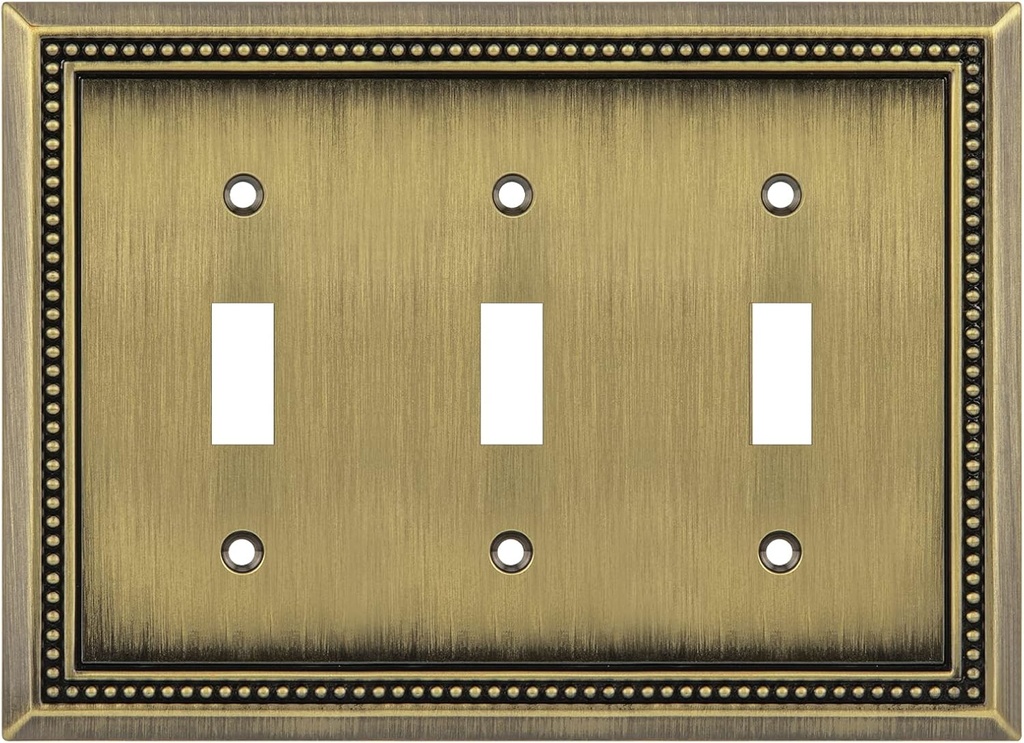 Antique Brass Triple Toggle Wall Plate Outlet Cover with Sunken Pearls Decoration for Heavy Duty Use by Henne Bery