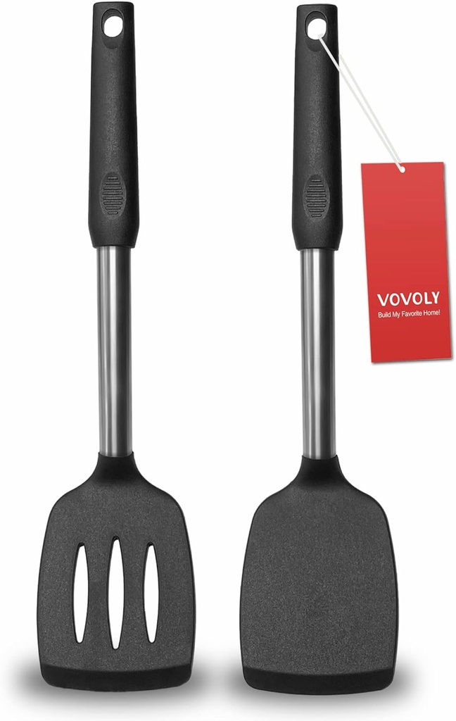 Silicone Spatula Set with Stainless Steel Handles - 2 Pack Heat Resistant Non Stick Turner for Cooking Fish, Eggs, Pancakes, WOK - Black