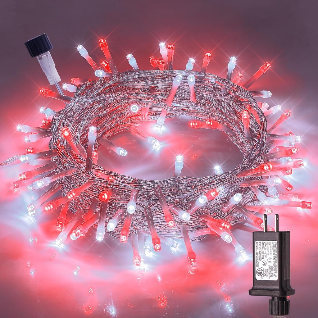 33FT Red and White Christmas String Lights with 100 LEDs - Indoor/Outdoor, 8 Modes, Waterproof Fairy Lights for Wedding Party, Tree Decoration
