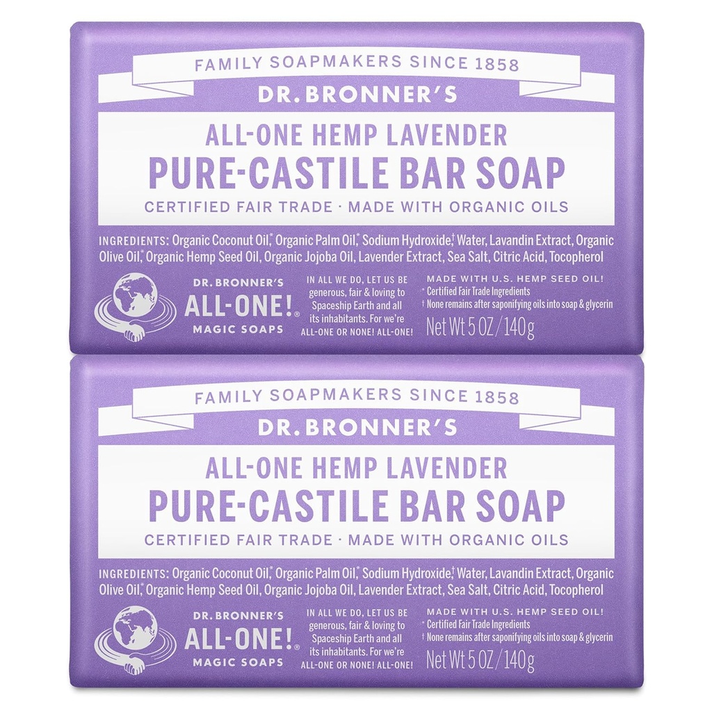 Dr. Bronner's Lavender Pure-Castile Bar Soap - Made with Certified Organic Oils - Gentle Soap for Face, Body, Hair - 2 Pack, 10oz