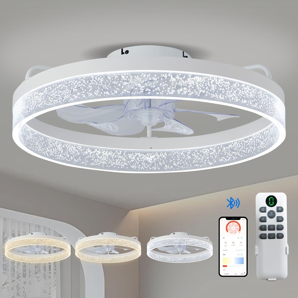 LANMEL 20" Low Profile Ceiling Fan with Lights and Remote - Flush Mount, 7 Blades, 6 Speeds, Reversible, Dimmable LED, White