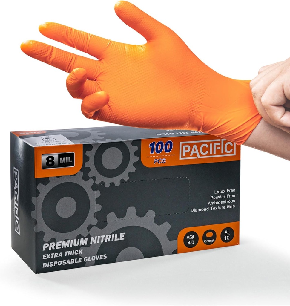 Heavy-Duty Orange Nitrile Gloves - 8 Mil Thickness, Diamond Texture, Powder Free, X-Large (100 Count)