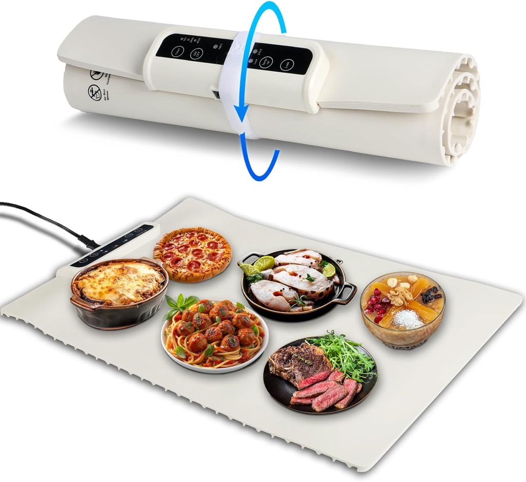 Orgthin Electric Warming Tray with Full Surface Heating Plate - Foldable Mat with 3 Temperature Levels for Parties, Holidays, Buffets - White Silicone Food Warmer