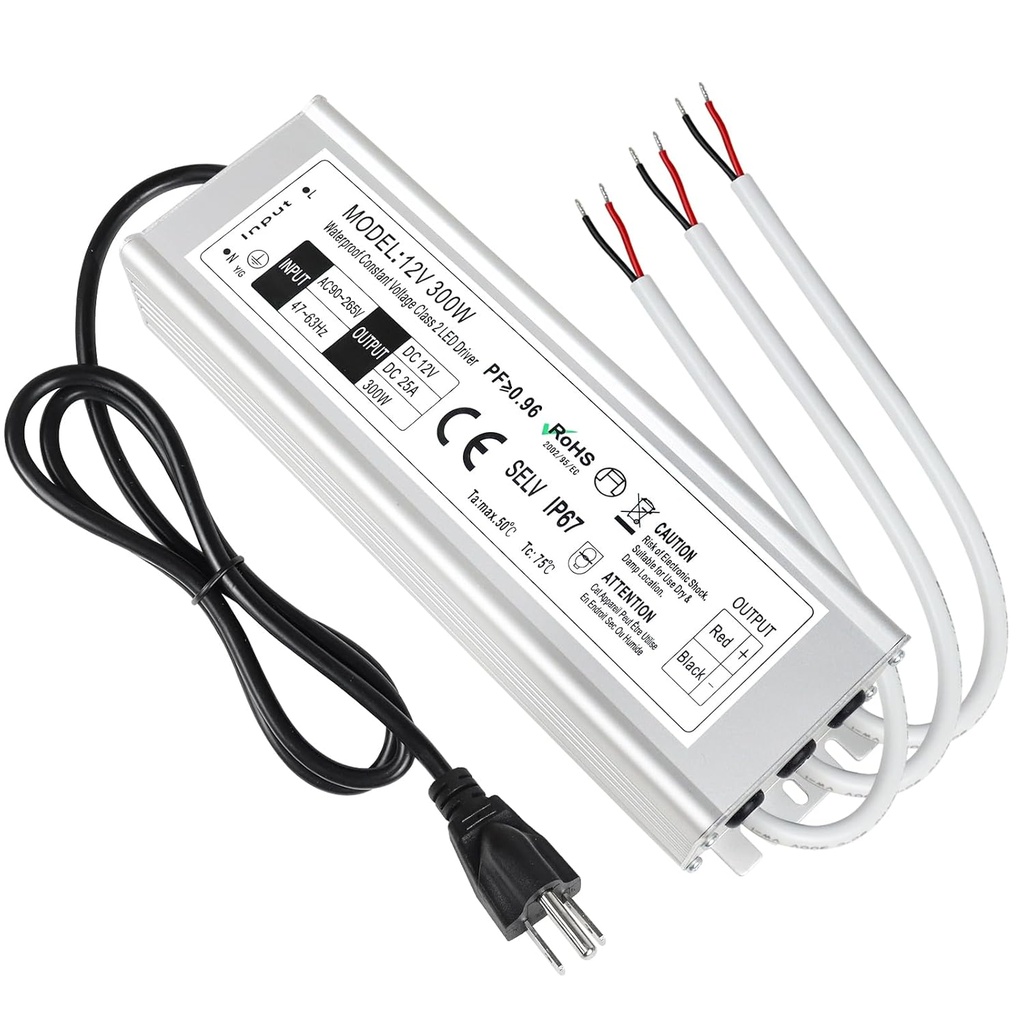 Waterproof LED Driver Power Supply Transformer 300W - 12V DC Low Voltage Output, 90-265V AC Input, Outdoor Use Adapter with 3-Prong Plug - LightingWill