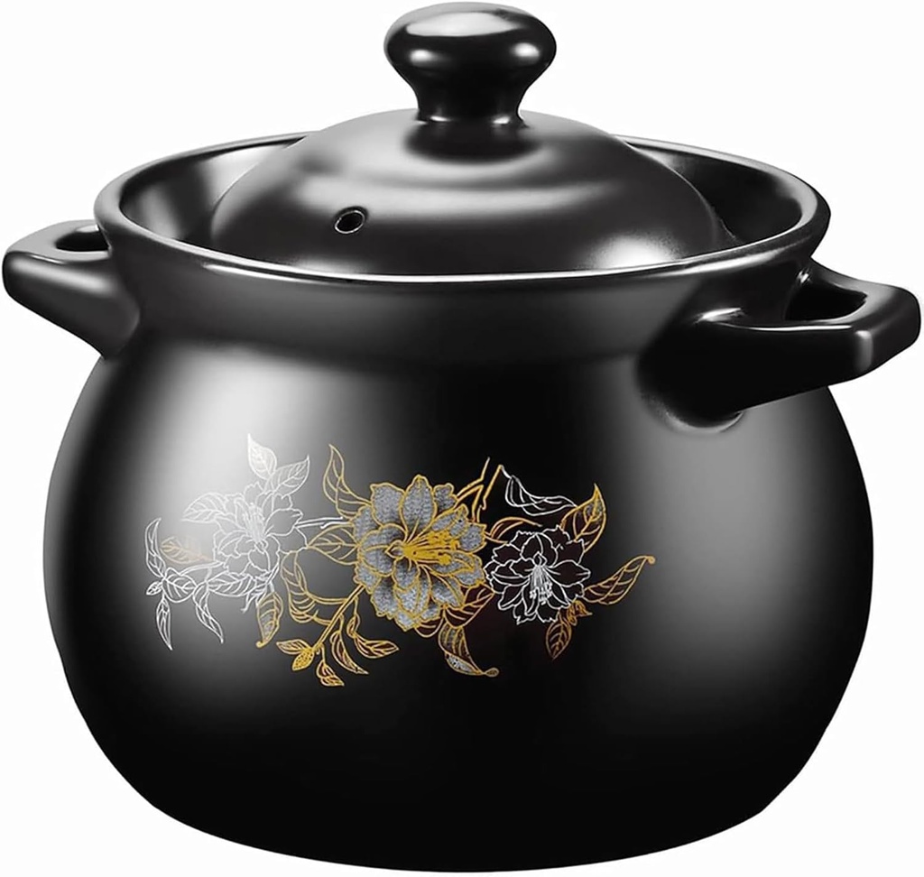 3.2L Black Ceramic Casserole Pot with Lid - Chinese Clay Stew Pot for Cooking, Restaurant & Home Kitchen Decoration