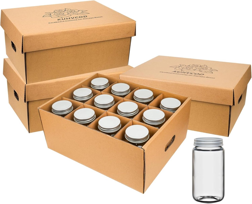 Set of 4 Cardboard Canning Jar Storage Boxes with Dividers for 32 Oz Jars - Bundle of 12 Stackable Gar Boxes for Regular or Wide Mouth Mason Jars