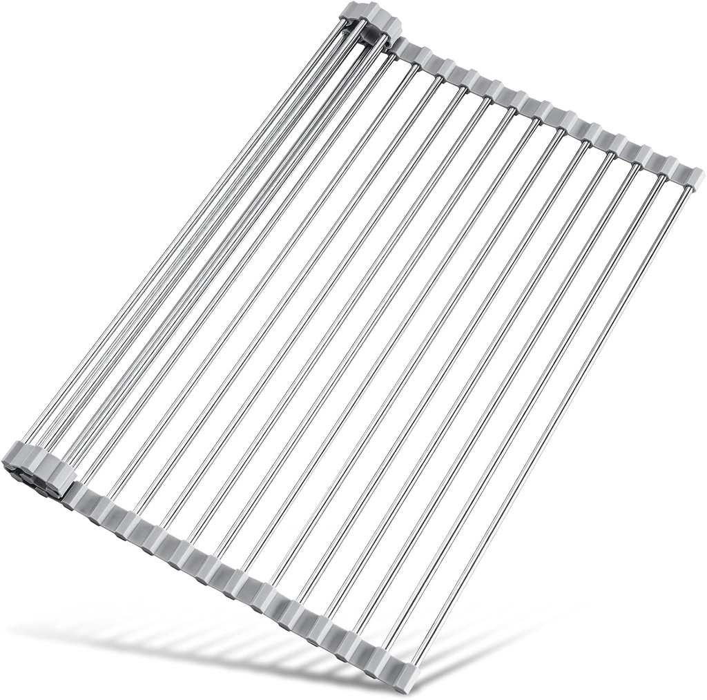 Roll Up Dish Drying Rack - Over Sink Kitchen Organizer - Multipurpose Stainless Steel Drainer - Grey Color - 17.7" x 15.5