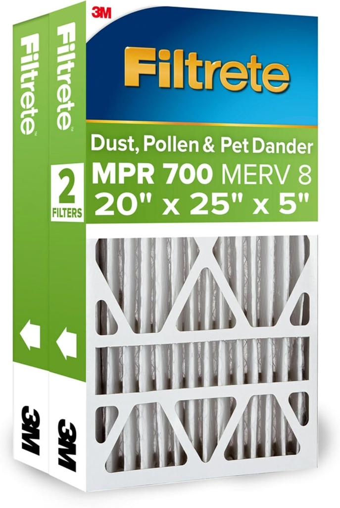 2-Pack Filtrete 20x25x5 Air Filter MPR 700 MERV 8 for Dust, Pollen, Pet Dander - 3 Month Pleated Filter