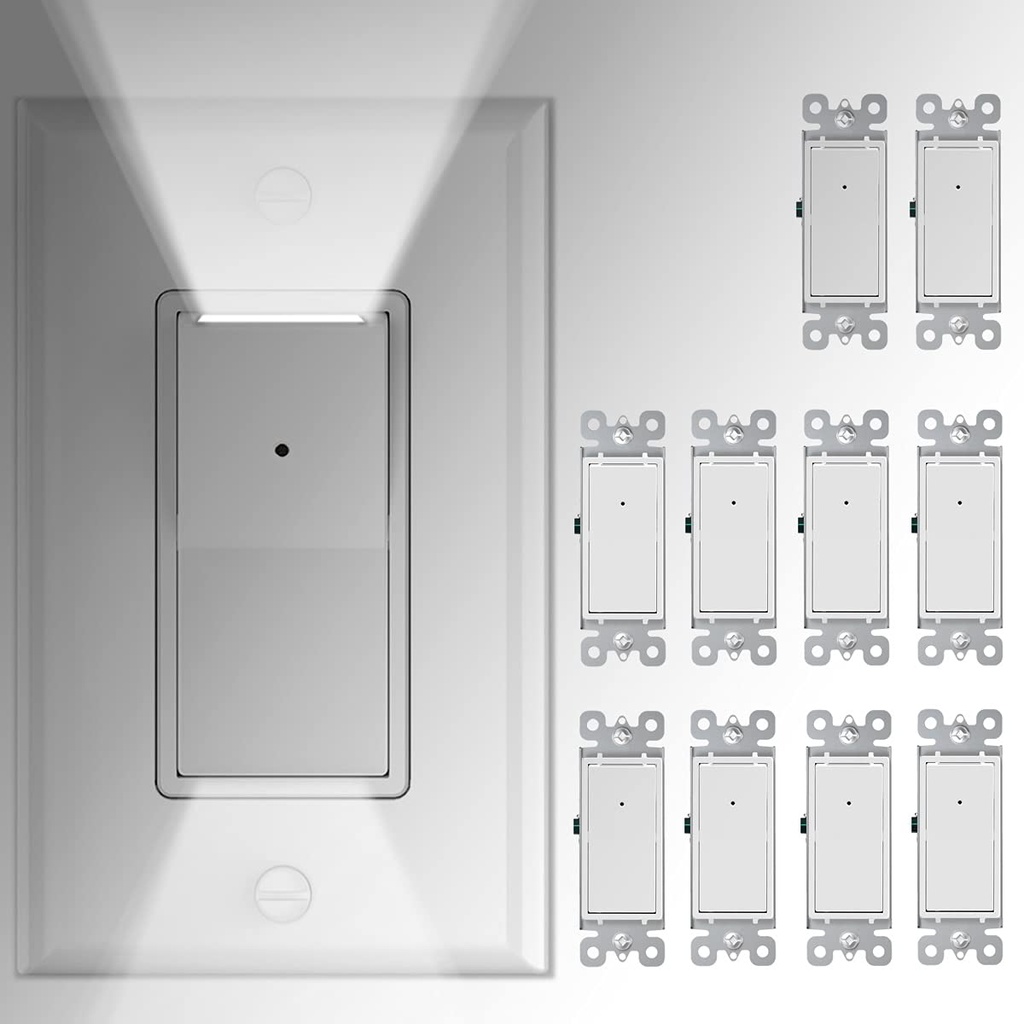 10 Pack SOZULAMP 3 Way Wall Light Switch with LED Night Light, Automatic On/Off Sensor - 15Amp 120/277Volt Rocker White Switch