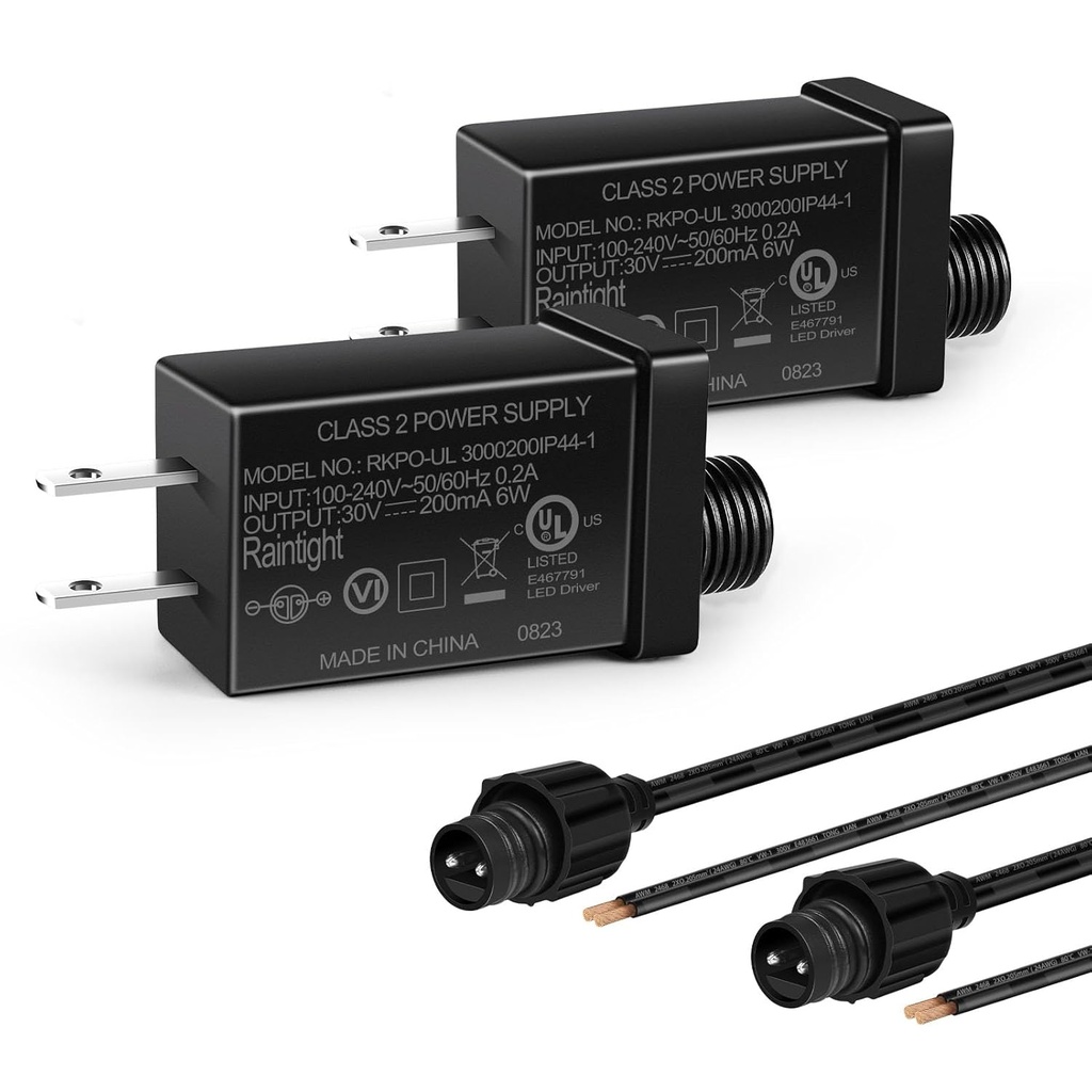 2 Pack LEDLightsWorld 30V 6W 0.2A Class 2 Power Supply - Low Voltage Transformer for LED Strip Lights - Indoor/Outdoor Use - UL Listed